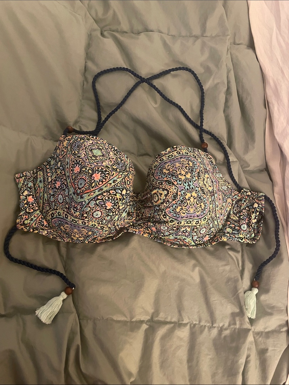 Printed Bandeau Bikini Top with Tassel Halter Straps - Multicolor